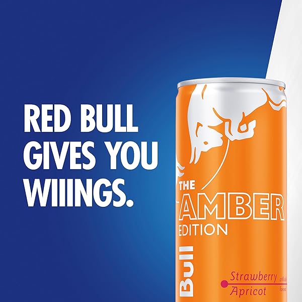 RED BULL AMBER EDITION ENERGY DRINK, STRAWBERRY APRICOT, WITH 80MG CAFFEINE PLUS TAURINE & B VITAMINS, 8.4 FL OZ, PACK OF 4 CANS