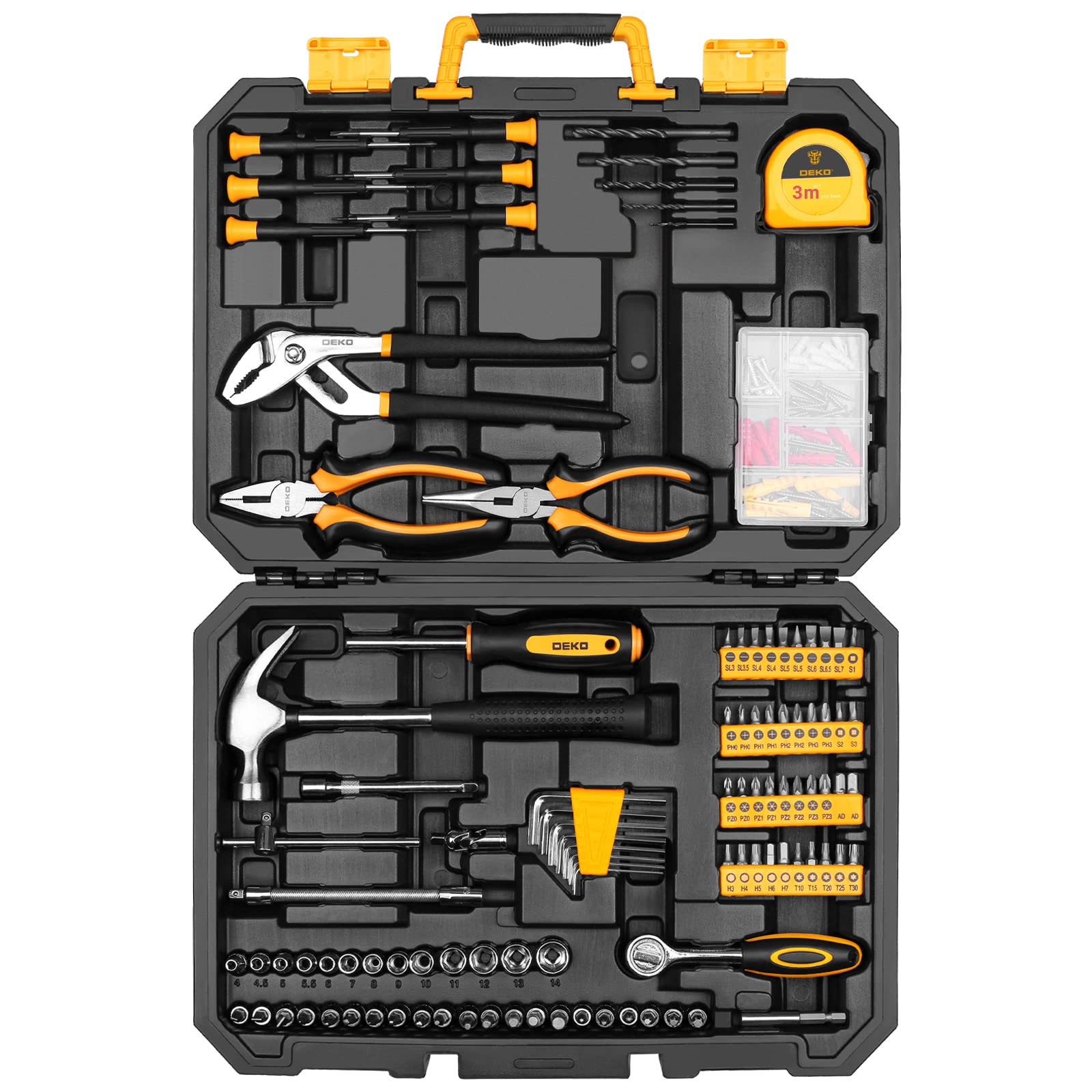 DEKO 196 Piece Tool Set General Household Hand Tool Kit with Rip Claw Hammer,Lineman's Plier, Measure Tape Rule & Plastic Toolbox Storage Case