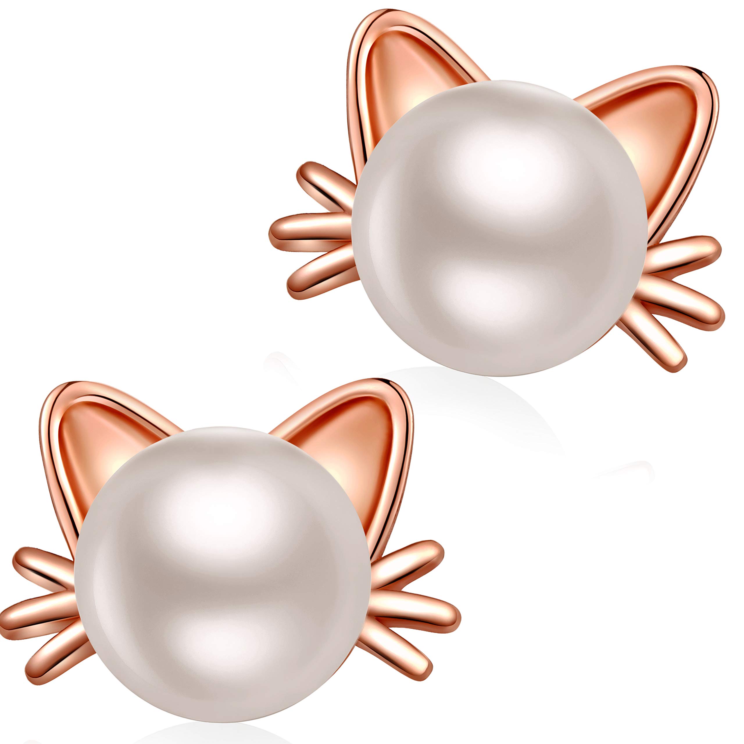 Jiahanzb Cat Stud Earrings Pearl Earring 925 Sterling Silver Rose Gold Cat Ear Stud for Women 8 mm