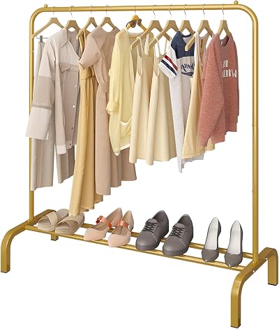 JIUYOTREE 110cm Metal Garment Rack with Bottom Shoe Shelf Gold