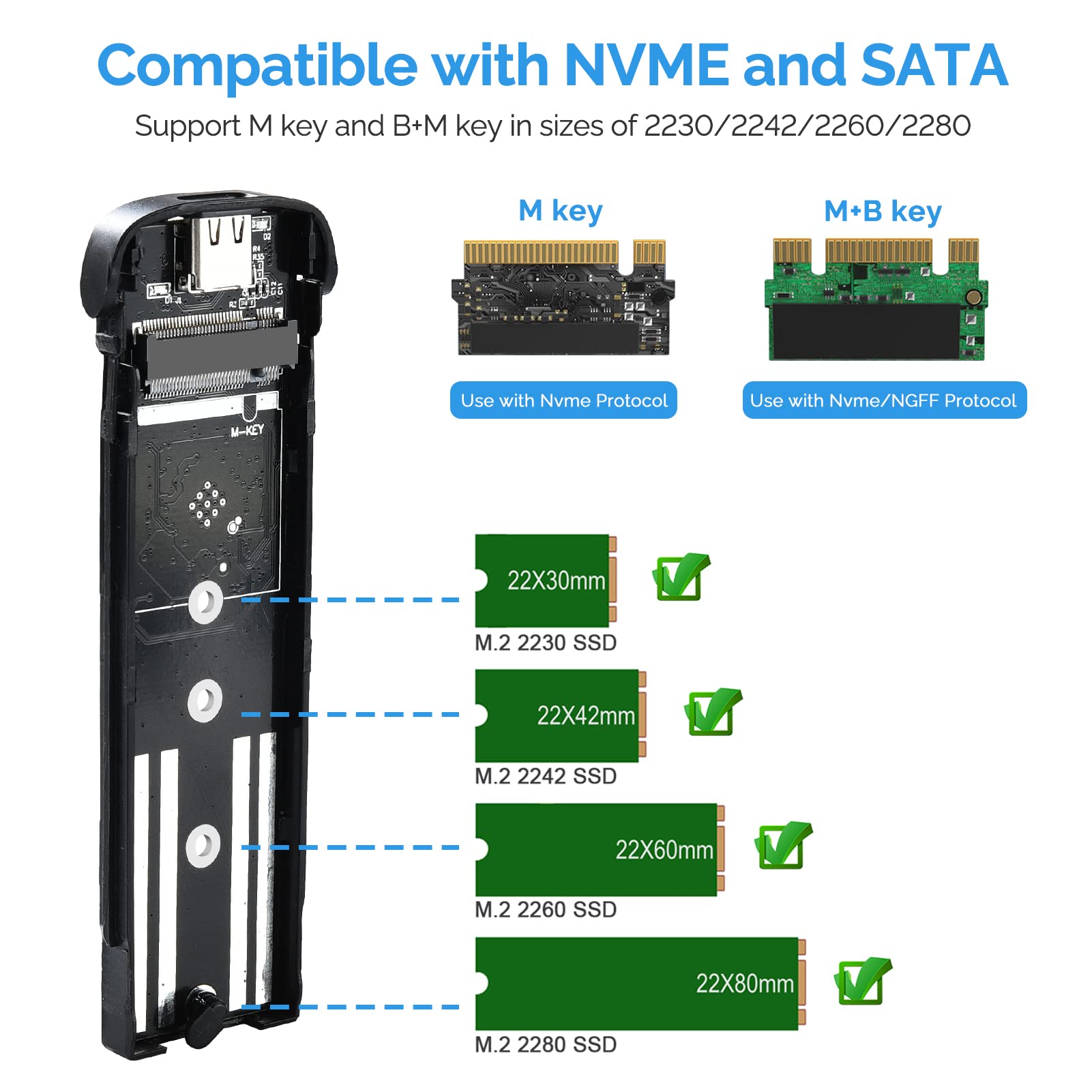 ELUTENG M.2 SSD Enclosure NVME SATA Dual Protocol SSD to USB Adapter Aluminum USB C 3.2 Gen 2 10Gbps PCIe M and B&M Keys External Solid State Drive Case Max 4TB for 2230/ 2242/ 2260/ 2280 SSDs