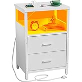 KHLJJU LED Nightstand with Charging Station, Side Table with USB Ports and Outlets, End Table for Small Spaces, White Bedside Tables for Bedroom, Living Room, Office