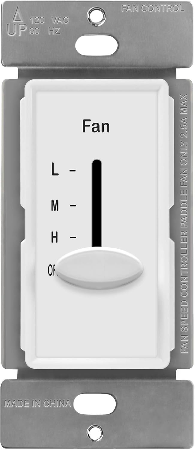 ENERLITES 3 Speed In Wall Ceiling Fan Control, Slide switch, 120VAC, 2.5A, Single-Pole, Neutral Wire Required, 17000-F3-W-F, White - - 