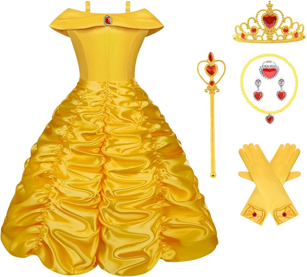 Vicloon Princess Costume Dress 9 Pcs Girls Yellow with Crown Wand Accessories