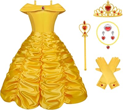 Vicloon Princess Costume Dress 9 Pcs Girls Yellow with Crown Wand Accessories
