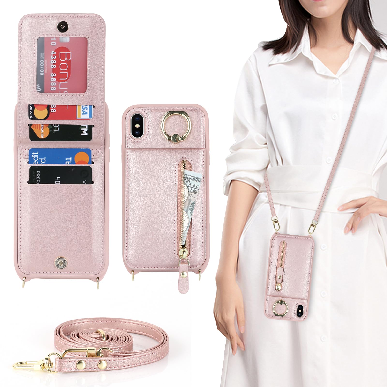 Cavor iPhone X/XS Case With Strap,Flip Folio Leather Wallet Case,[4 Card Holder][Ring Stander][Snap Closure],Lanyard Cover Phone Case for iPhone X/XS - Rose Gold