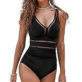 CUPSHE Women's One Piece Swimsuit Bathing Suit V Neck Adjustable Straps Ruched Mesh Back Hook