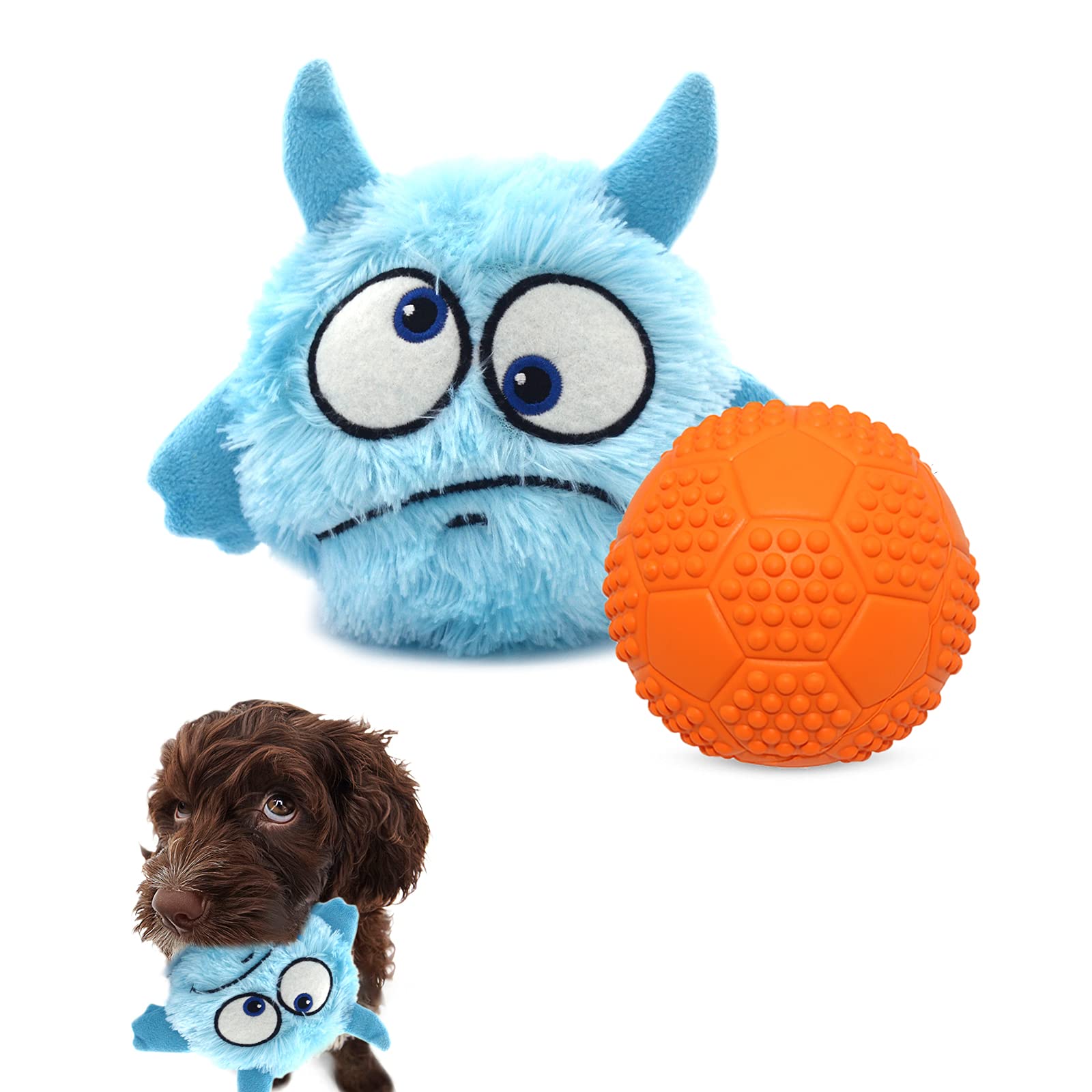 Enjoying Dog Interactive Toys 2-in-1 Dog Plush Squeaky Small Balls Pet Toys Halloween Xmas for Small Medium Large Dogs, Blue Monster