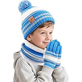 Kids Winter Hat Scarf Gloves: Boys Beanie Hats Gloves Set for Ages 6-10 Warm Thick Fleece Lined Winter Set Knit Cap Snow Ski
