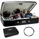 SEPOX&reg; Portable Heavy Duty Steel Lock Box 8.1x5.7in 3ft Cable Combo Safe | For Travel Hotel Office Dorm Car Security, Compact Size Fire&amp; Water Resistant Secures Cash Passport Jewelry Phone Small item