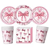 Pink Bow Party Supplies,Coquette Birthday Decorations Includes Plates, Napkins,Cups & Straws, Disposable Tableware Sets for Girls Baby Shower Wedding, Cute Dinnerware Serves 20 Guests