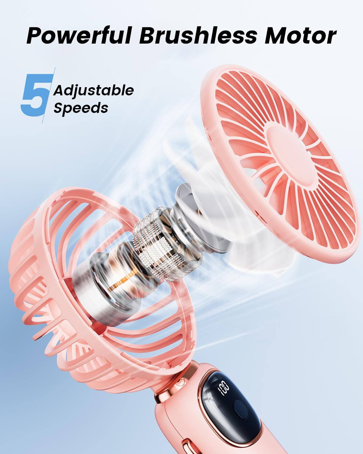 coldSky Portable Handheld Fan, 4000mAh Battery Operated with LED Display, Handheld/Neck/Desk 3 in 1 Personal Small Fan, 90° Foldable Desk Fan with Base, 5 Speed Lash Makeup Fan for Women