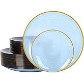 100PCS Blue Plastic Plates-Crystal Design Blue Disposable Plates with Gold Rim, Fancy Disposable Plates Include 50 Dinner Plates, 50 Dessert/Salad Plates for Party & Birthday