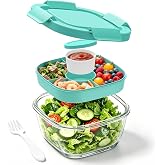 Glass Salad Container,56oz Salad Bowl To Go for Lunch with Airtight Lid,Leak-Proof Sauce Container,4-Compartment Bento Tray &