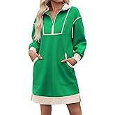 Wenrine Women's Oversized Sweatshirt Dress Half Zip V Neck Long Sleeve Contrast Fall Casual Mini Dresses