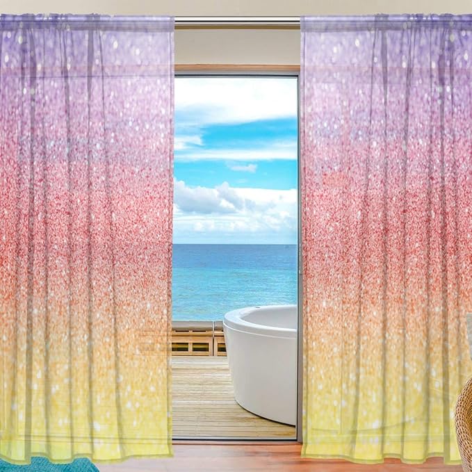 AUUXVA TFONE Rainbow Glitter Print Sheer Curtain Door Voile Curtains