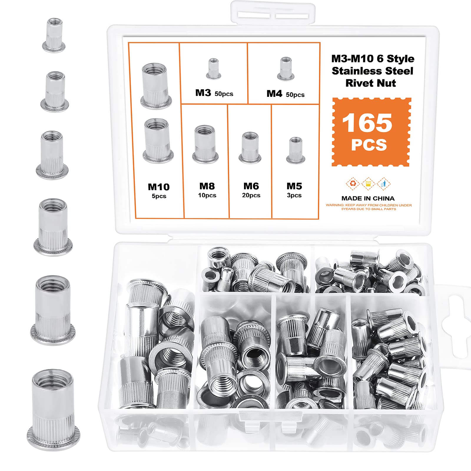HSEAMALL 165PCS M3 M4 M5 M6 M8 M10 Rivet Nuts Stainless Steel Rivnut Threaded Insert Nut Riveter Set Blind Rivet Nut Assortment For Metal, Wood,Aluminium