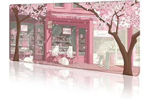 LIMKRIAN Cat Mouse Pad Large Desk Mat, Pink Cherry Blossom Computer Mousepad with Stitched Edges Non-Slip, Keyboard Mouse Pad