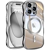 UEEBAI for iPhone 16 Pro Case, Cute Wave Frame Magnetic Phone Case Compatible with Magsafe Full Camera Protection Cover Soft Electroplated Phone Cover for Women Girls - Silver