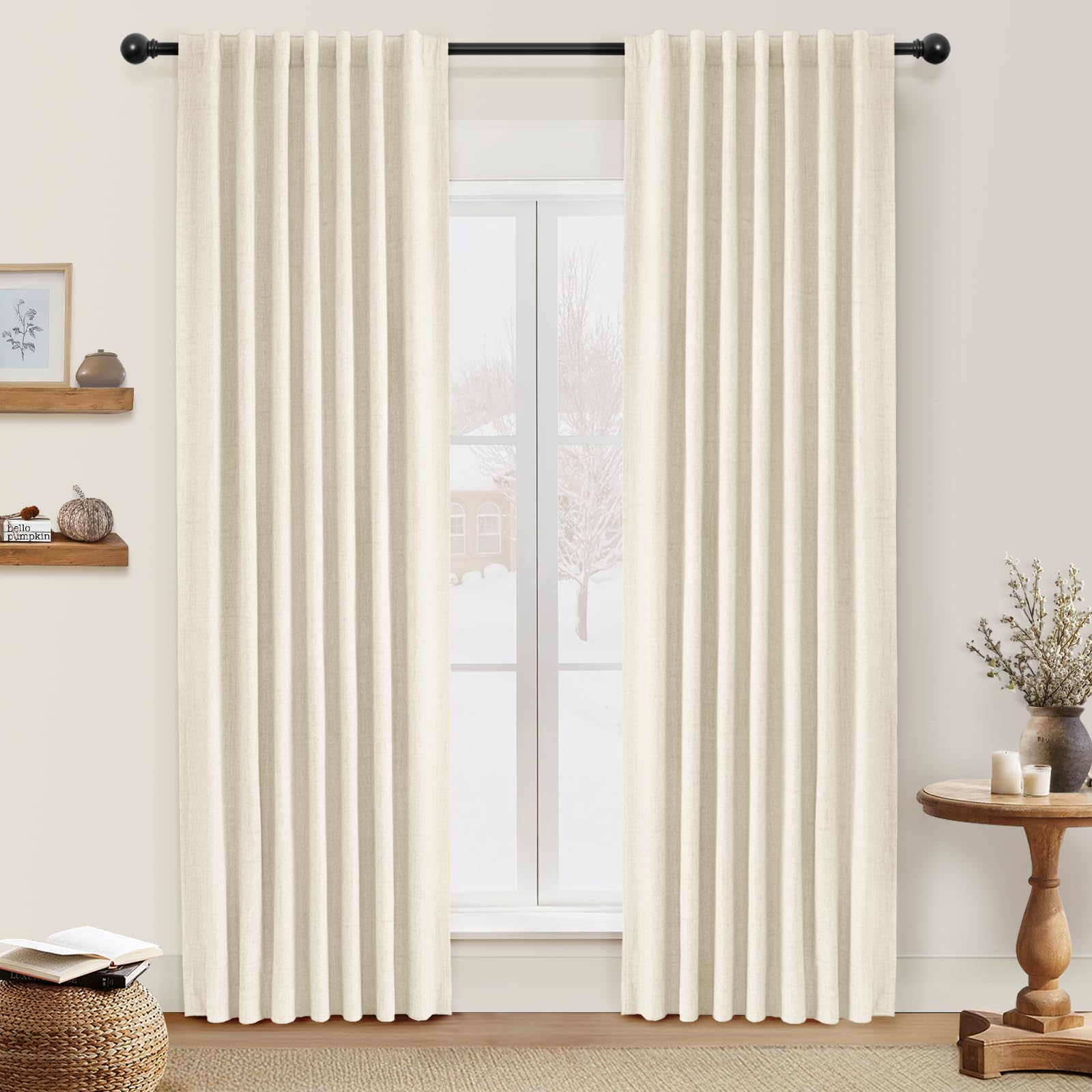 Photo 1 of INOVADAY 100% Blackout Curtains 63 Inches Length 2 Panels Set, Back Tab/Rod Pocket Linen Black Out Curtains for Bedroom, Thermal Insulated Window Drapes - Light Cream, W50 X L63