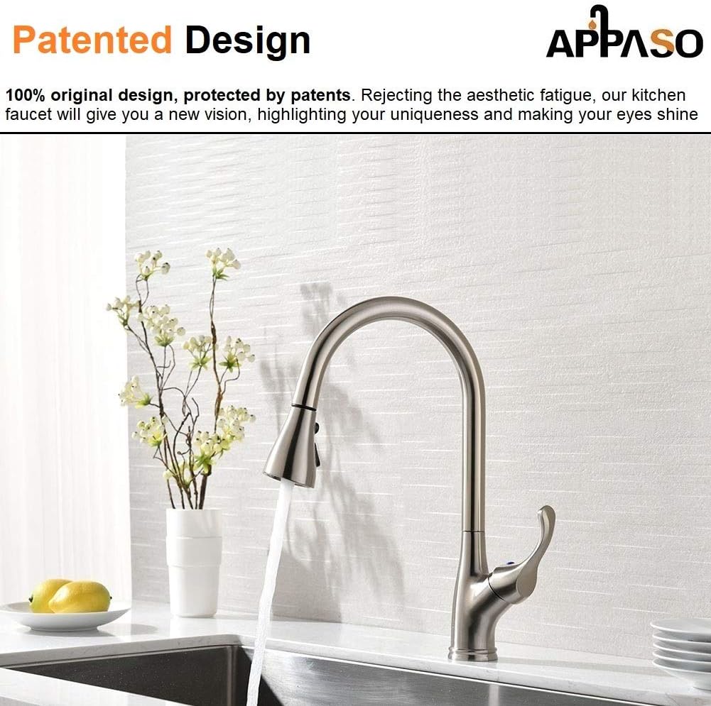APPASO Pull Down Kitchen Faucet with Sprayer Stainless Steel Brushed Nickel - Single Handle Commercial High Arc Pull Out Spray Head Kitchen Sink Faucets with Deck Plate - - 