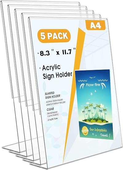 Flow fire A4 Acrylic Sign Holder 5 Pack L-Shape Perspex Menu Display Stand