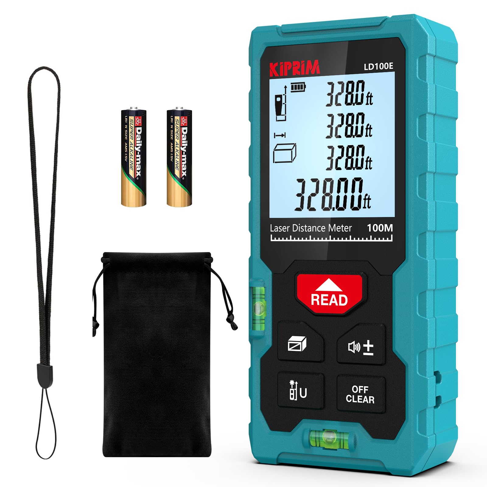 High Accuracy Laser Distance Meter 328ft/100m Kiprim LD100E Laser Measurement tool with Larger Backlit LCD,2 Bubble Levels,M/in/Ft Unit Switching and Pythagorean Mode for indoor or outdoor Use