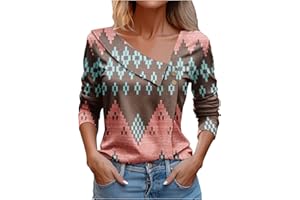 Attine Spring Going Out Tops for Women 2024 Cute Print T Shirts Long Sleeve V Neck Blouse Asymmetric Lapel Button Tees Shirts