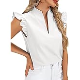 Rooscier Women's Notch Deep V Neck Ruffle Cap Sleeve Dressy Casual Blouses Tops Shirt