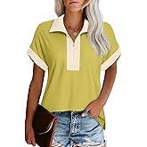 Vivilli Women's Short Sleeve Tops and Blouses Zipper Collar V Neck Business Casual Tops Loose Fit Tunic Shirt Polo Shirts