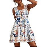 RoseSeek Women's Floral Tropical Graphic Short Dress Boho Ruffle Hem Sleeveless Vacation Tank Dress