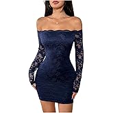 GORGLITTER Women's Lace Long Sleeves Mini Dress Y2K Fall Sexy Off The Shoulder Bodycon Night Out Birthday Party Dresses
