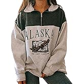 COOLMONAR Women Oversized Sweatshirt ALASKA Eagle Letter Collar Hoodie 1/4 Zipper Pullover Aesthetic Vintage Jacket