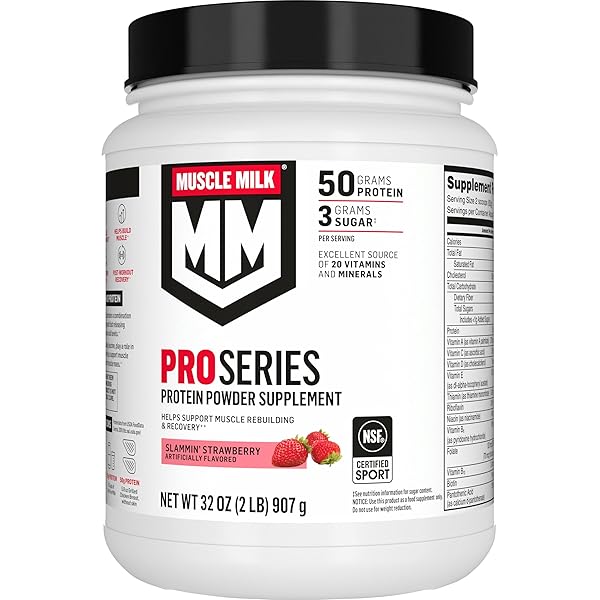 MUSCLE MILK PRO SERIES PROTEIN POWDER SUPPLEMENT, SLAMMIN’ STRAWBERRY, 2 POUND, 11 SERVINGS, 50G PROTEIN, 3G SUGAR, 20 VITAMINS & MINERALS, NSF CERTIFIED FOR SPORT, PACKAGING MAY VARY