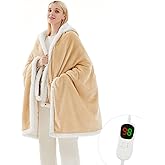 PLOATH Heated Electric Blanket Shawl: Heating Throw Heated Poncho - Wearable Blanket Hoodie Wrap Sherpa with 10 Heat Levels & Multi Heating Time Settings (40x70'' Biege)