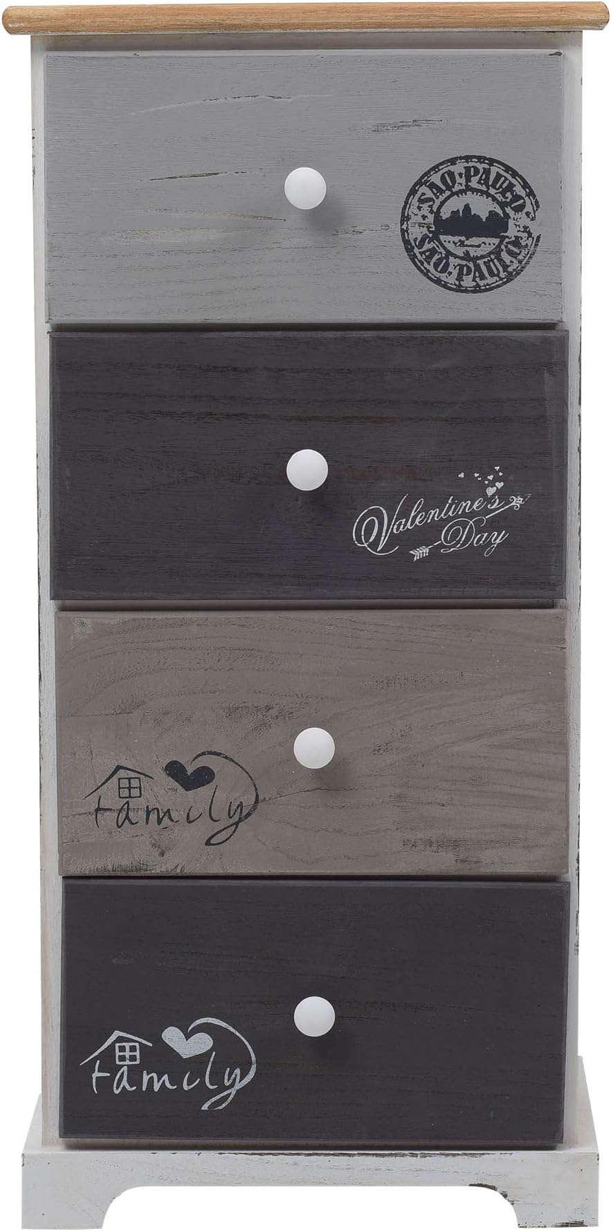 Rebecca Mobili Nightstand Table 4 Drawers Chest Paulownia Wood White Grey Shabby Vintage Bedroom Bathroom - 72 x 35 x 27 cm (H x W x D) - Art. RE4333