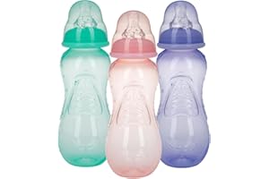 Nuby Non-Drip Standard Neck Bottles, 10 Ounce, Pack of 3 Bottles - Purple/Teal/Pink