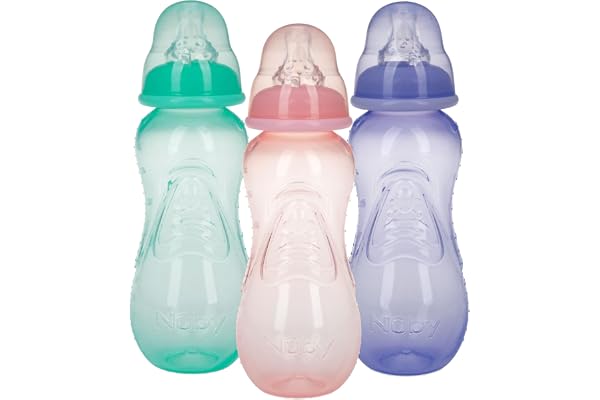 Nuby Non-Drip Standard Neck Bottles, 10 Ounce, Pack of 3 Bottles - Purple/Teal/Pink