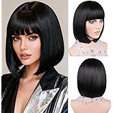 MAYSA Black Bob Wigs with Flat Bangs for Women Short Straight Black Wig Includ Wig Cap Synthetic Daily Party Natural Looking Wigs 12Inch #1B 