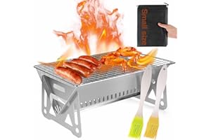 HOUSEUP Mini Charcoal Grill is constructed with stainless steel, unpainted, making it a portable grill that can be folded to the size of an A4 paper. It is designed for camping grill and can accommodate 1-2