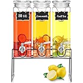 RimCereal 3 Pack 80 oz Tall Glass Drink Dispenser with Stand, Lid, Label and Stainless Steel Leakproof Spigot Beverage Water Dispenser Clear Mason Jar for Party Fridge(Square)