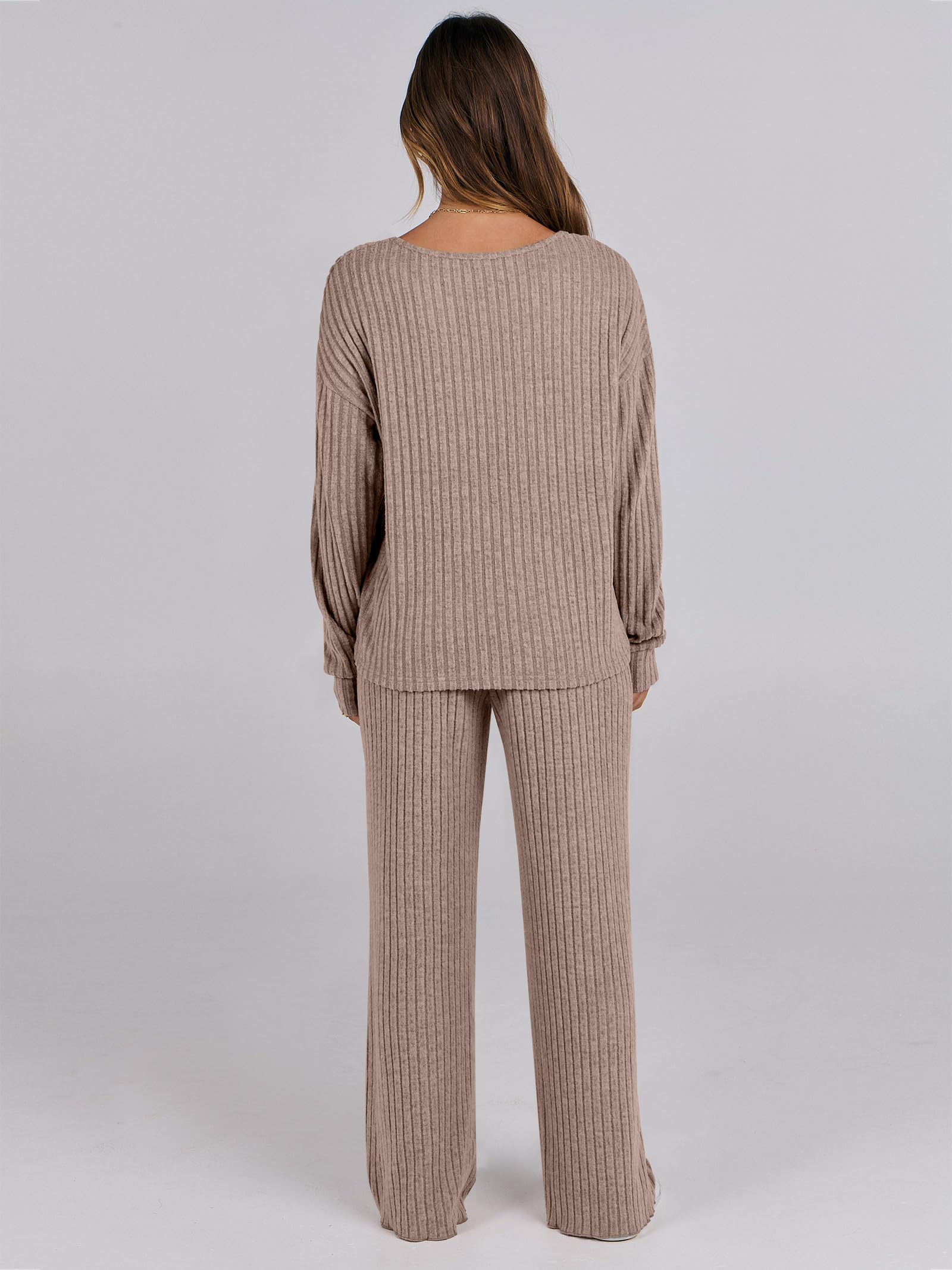 ANRABESS Women 2 Piece Lounge Pajamas Sets Casual Ribbed Knit Long Sleeve Top Pants Matching Set 2025 Fall Outfits Clothes Khaki Large - Image 4