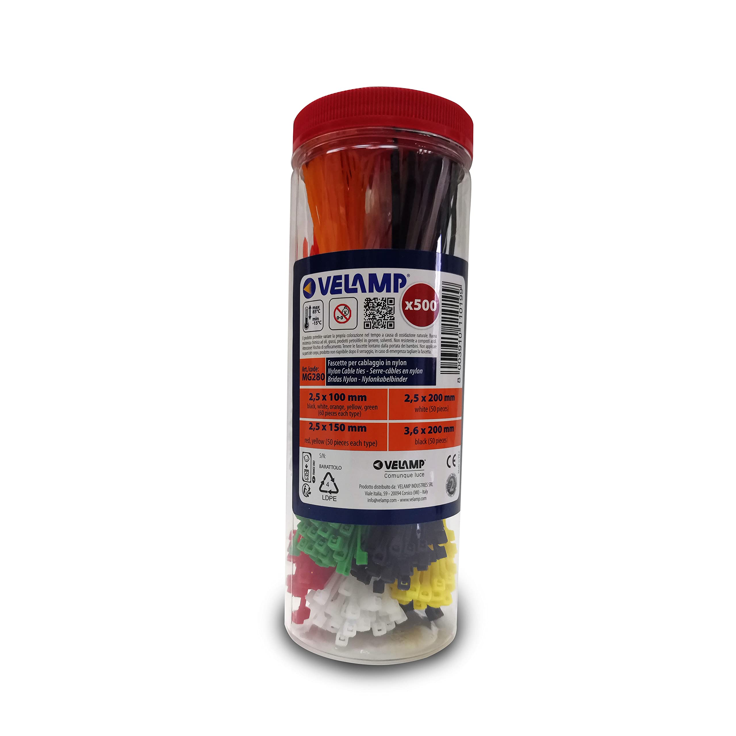 Velamp Plastic Cable Ties for Wiring, Various Sizes, Assorted Colors Electrician in Nylon Cable Ties, 500 Pieces