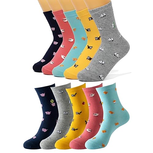 Peysaitr 5 Pairs Womens Cute Dog Patterned Animal Socks, Cute Animal Ladies Socks, Cotton Novelty Crew Sock, Cat Dog Sock Gifts for Women, One Size