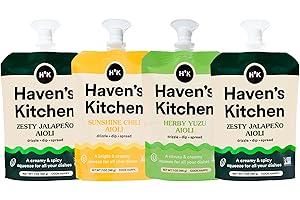 Haven's Kitchen Aioli Variety Pack - 2 Zesty Jalapeño, 1 Herby Yuzu, 1 Sunshine Chili - Vegan & Chickpea Powered - Spicy & Creamy Squeezy Pouch - Ideal for Dipping, Drizzling, Spreading and More - Pack of 4