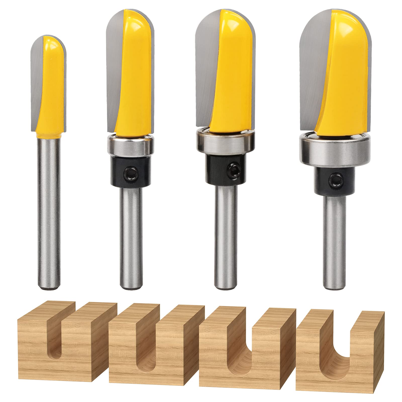 Photo 1 of Exqutoo 4Pcs 1/4" Shank Carbide Round Nose Groove Router Bit Set Template Router planing Head Set with Ball Bearing Engraving Router planing Head Wood Cutter Woodworking Tools Carving Cutting Tool