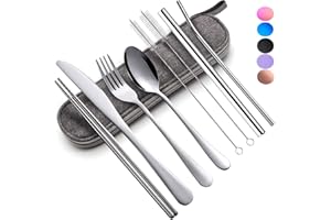 BUMACO Travel Utensils with Case, Portable Travel Utensils Cutlery Set Stainless Steel Flatware Set for Camping 8pcs Including Dinner Knife Fork Spoon Chopsticks Boba Straw (Silver)