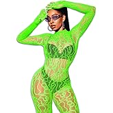 EHSUYAB Women Sexy Fishnet Full Bodysuit, Mesh Lace Poster Jumpsuit Glow Party Rave Outfits, Body Stockings Halloween Costume