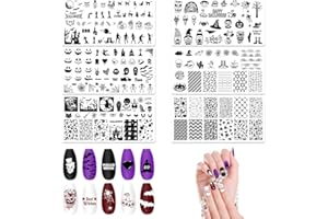 ALIBBON 6 Pcs Halloween Nail Stamping Plates Set, Halloween Background Nail Art Stamp Templates, Pumpkin Face Skeleton Stamp Templates Kit, Spider Web Ghost Metal Nail Plates for DIY Printing Decor