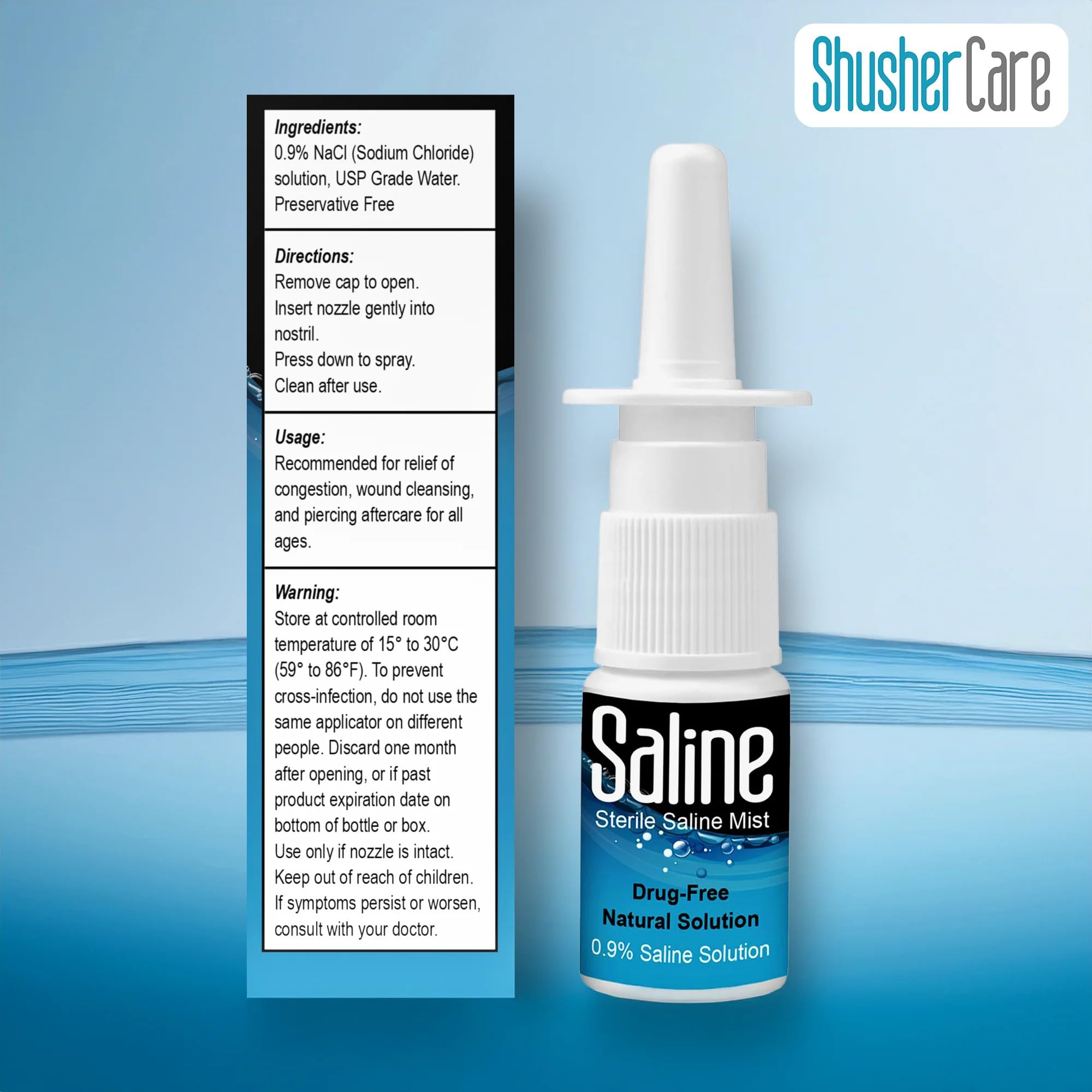 Shusher Care Saline Spray for Nose - Nasal Spray Saline Solution for Newborn, Baby & Adults, Salt Water Decongestant Mist for Stuffy Nose, Travel Friendly, Natural, 0.9% Saline - 30 ml (1.01 fl oz)